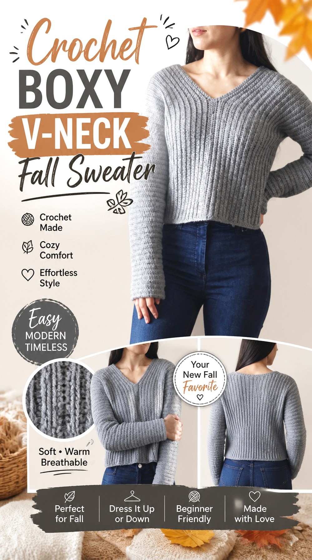 Crochet Boxy V Neck Fall Sweater