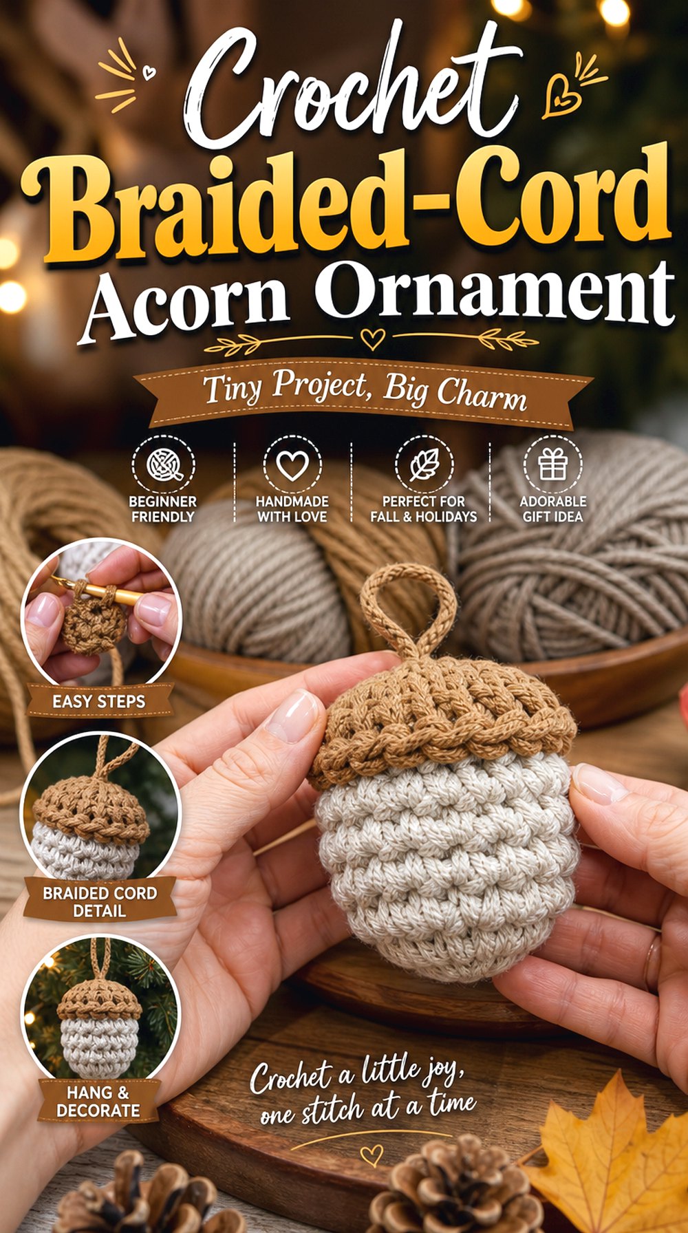 Crochet Braided Cord Acorn Ornament