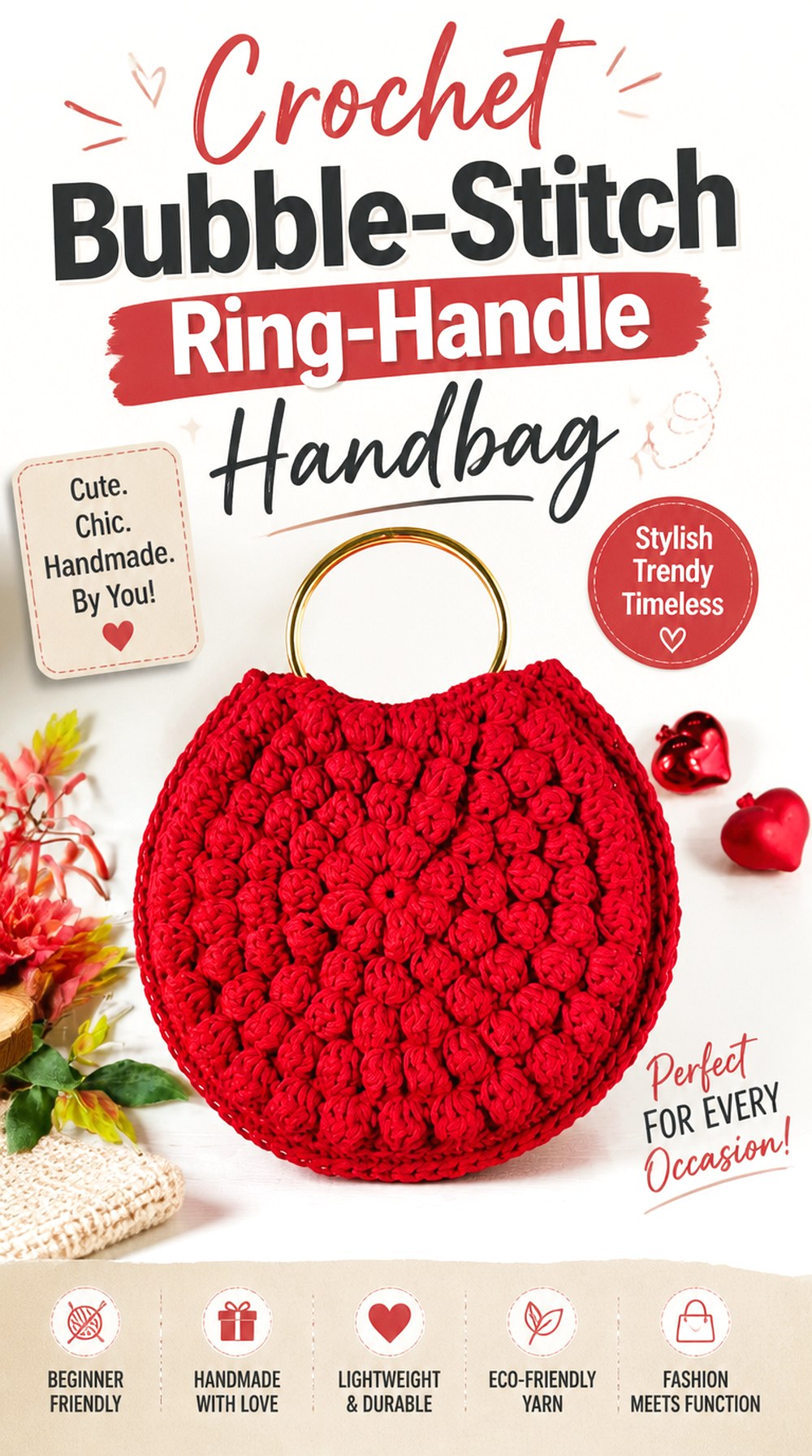 Crochet Bubble Stitch Ring Handle Handbag