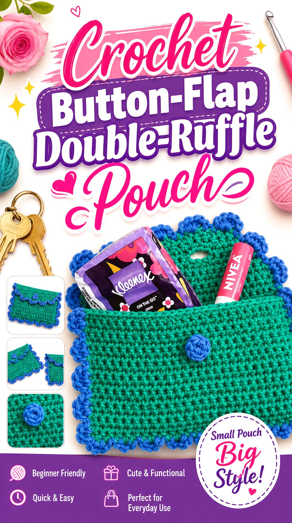 Crochet Button Flap Double Ruffle Pouch