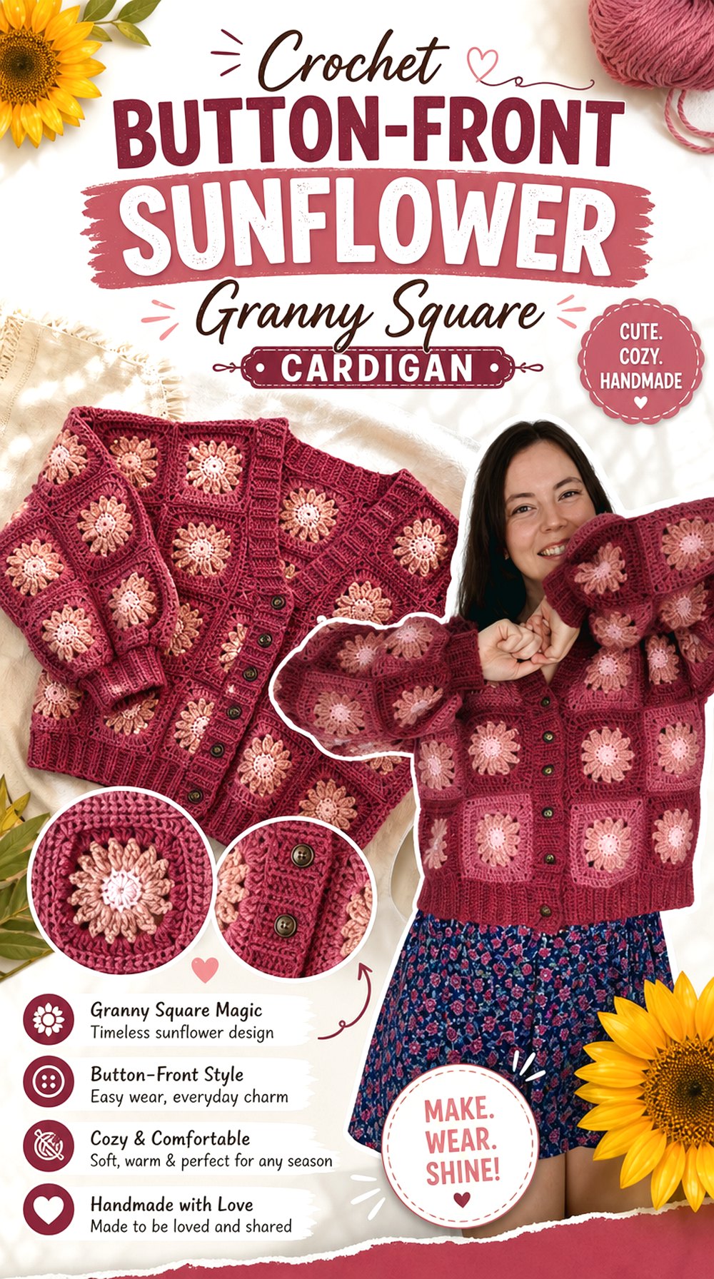Crochet Button Front Sunflower Granny Square Cardigan