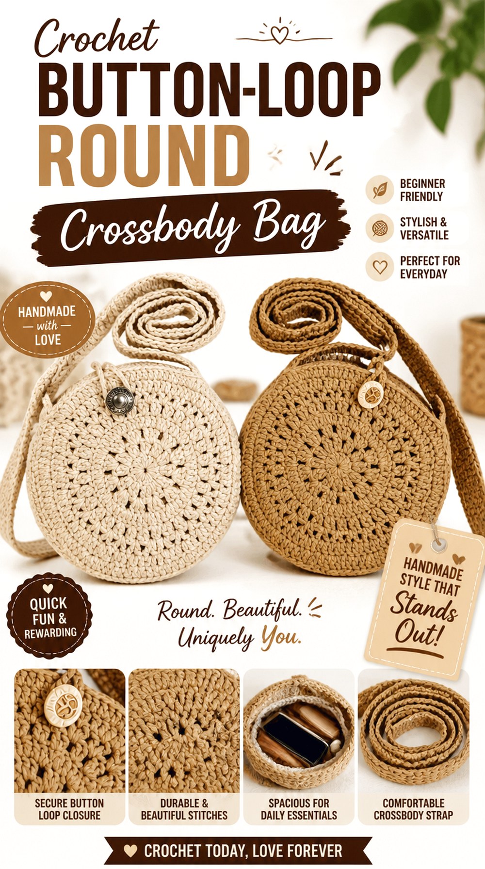 Crochet Button Loop Round Crossbody Bag