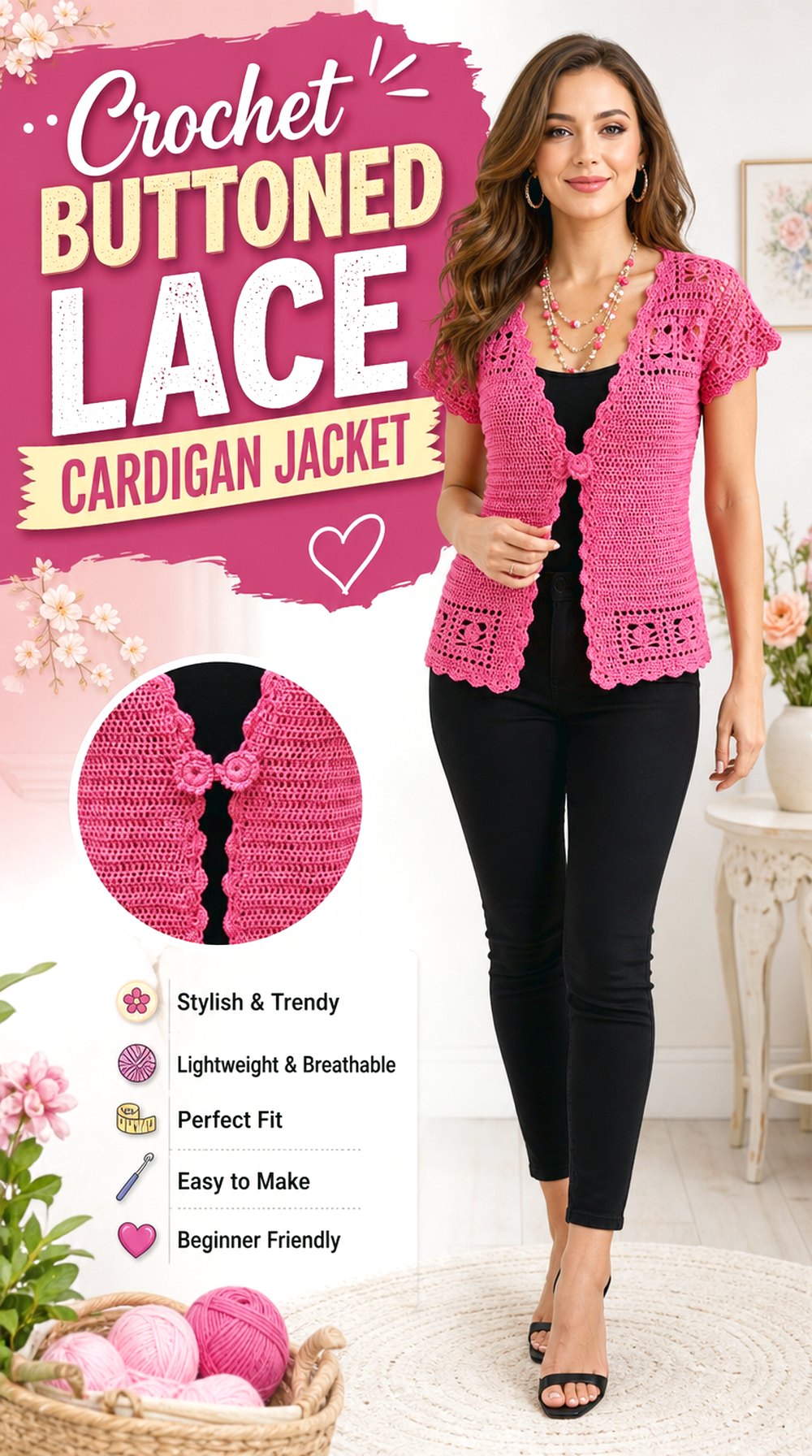 Crochet Buttoned Lace Cardigan Jacket
