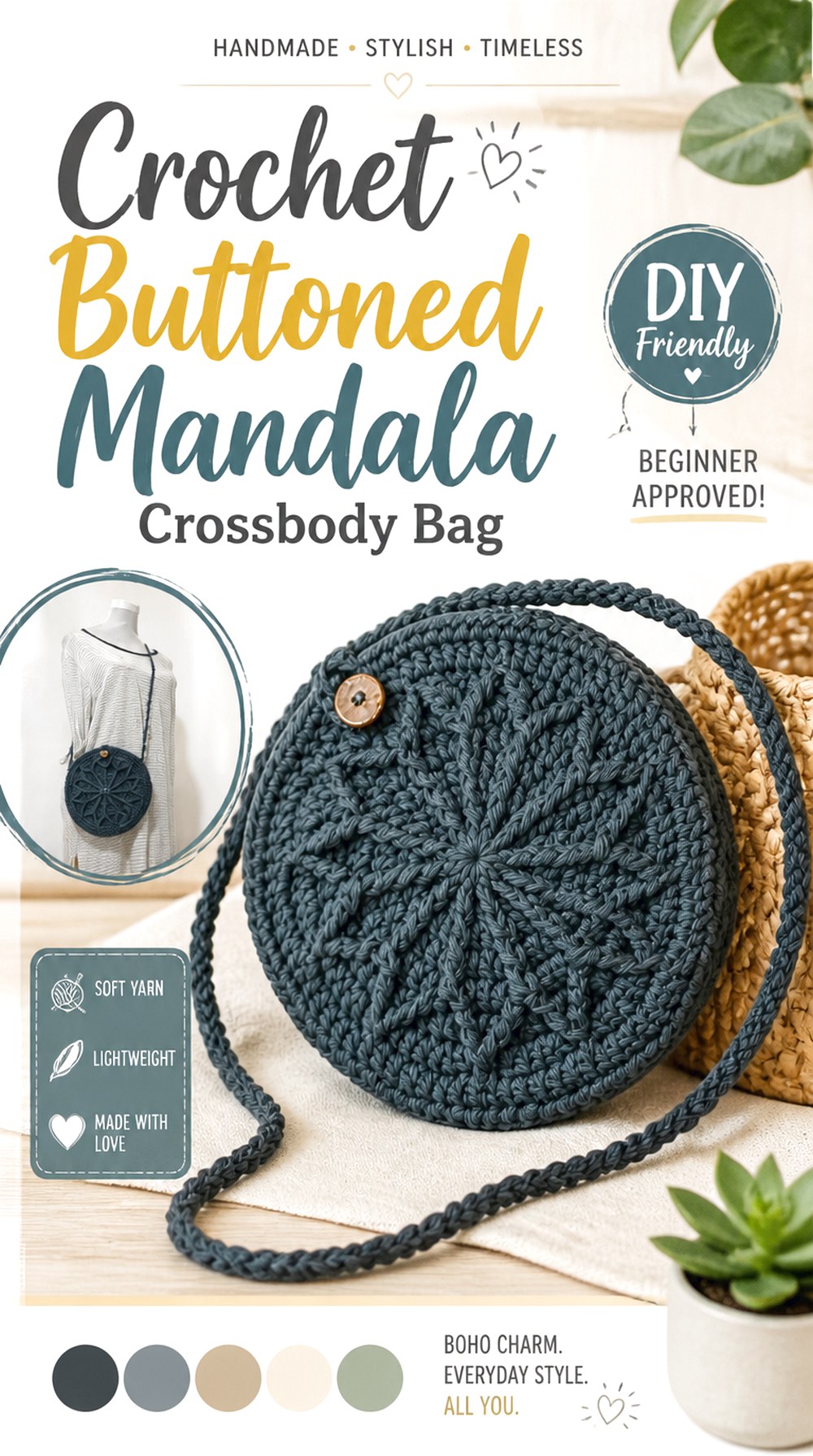 Crochet Buttoned Mandala Crossbody Bag