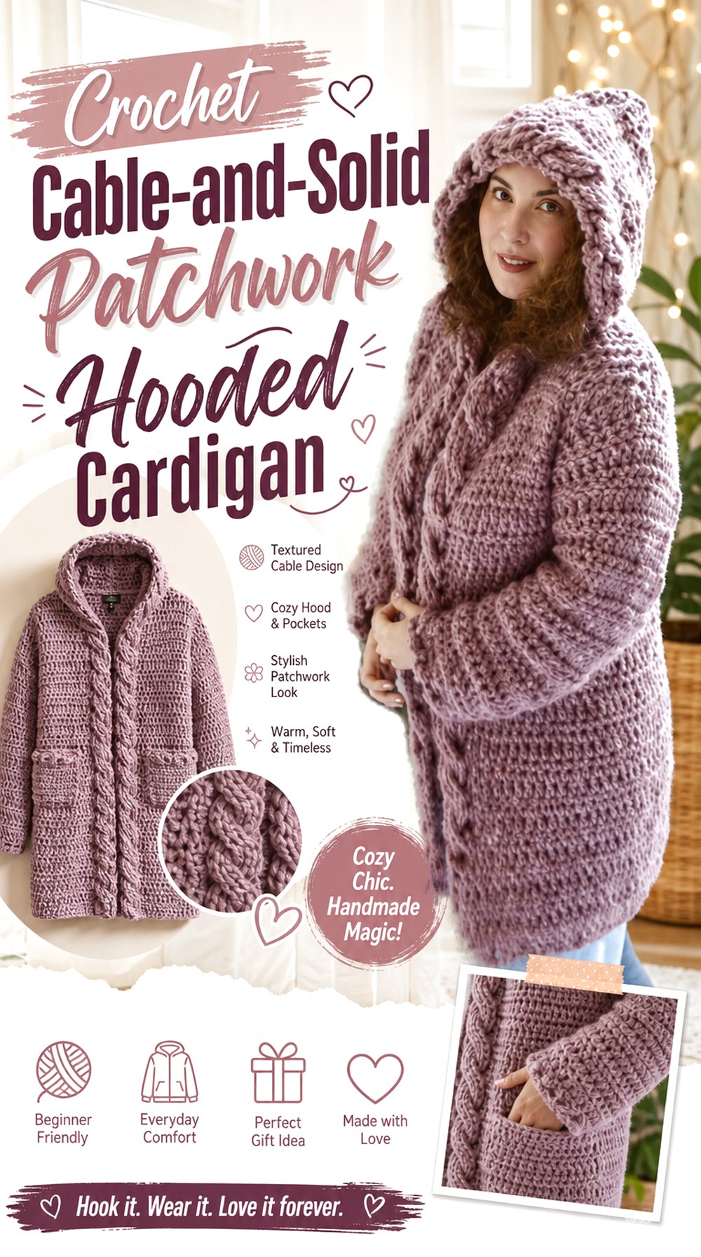 Crochet Cable and Solid Patchwork Hooded Cardigan