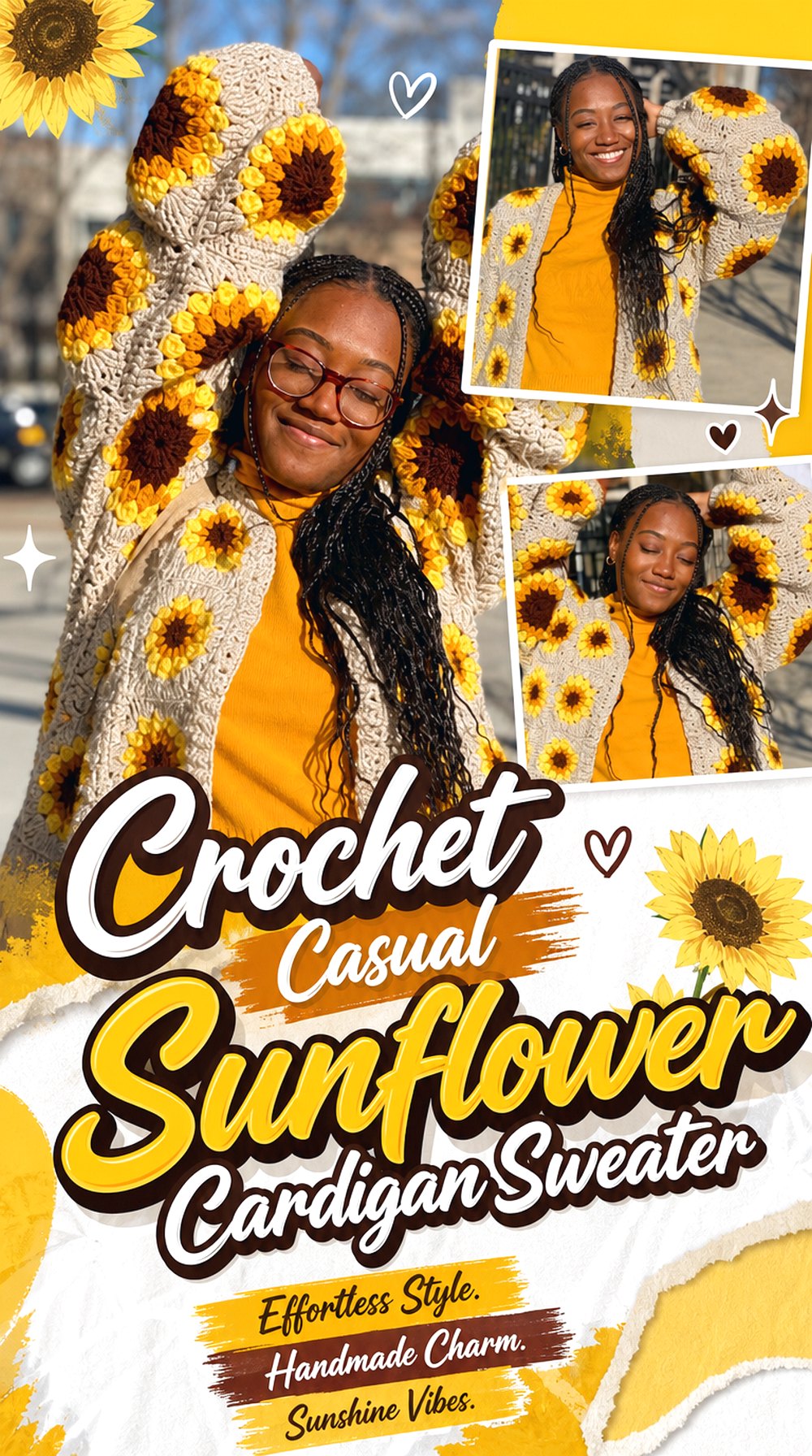 Crochet Casual Sunflower Cardigan Sweater