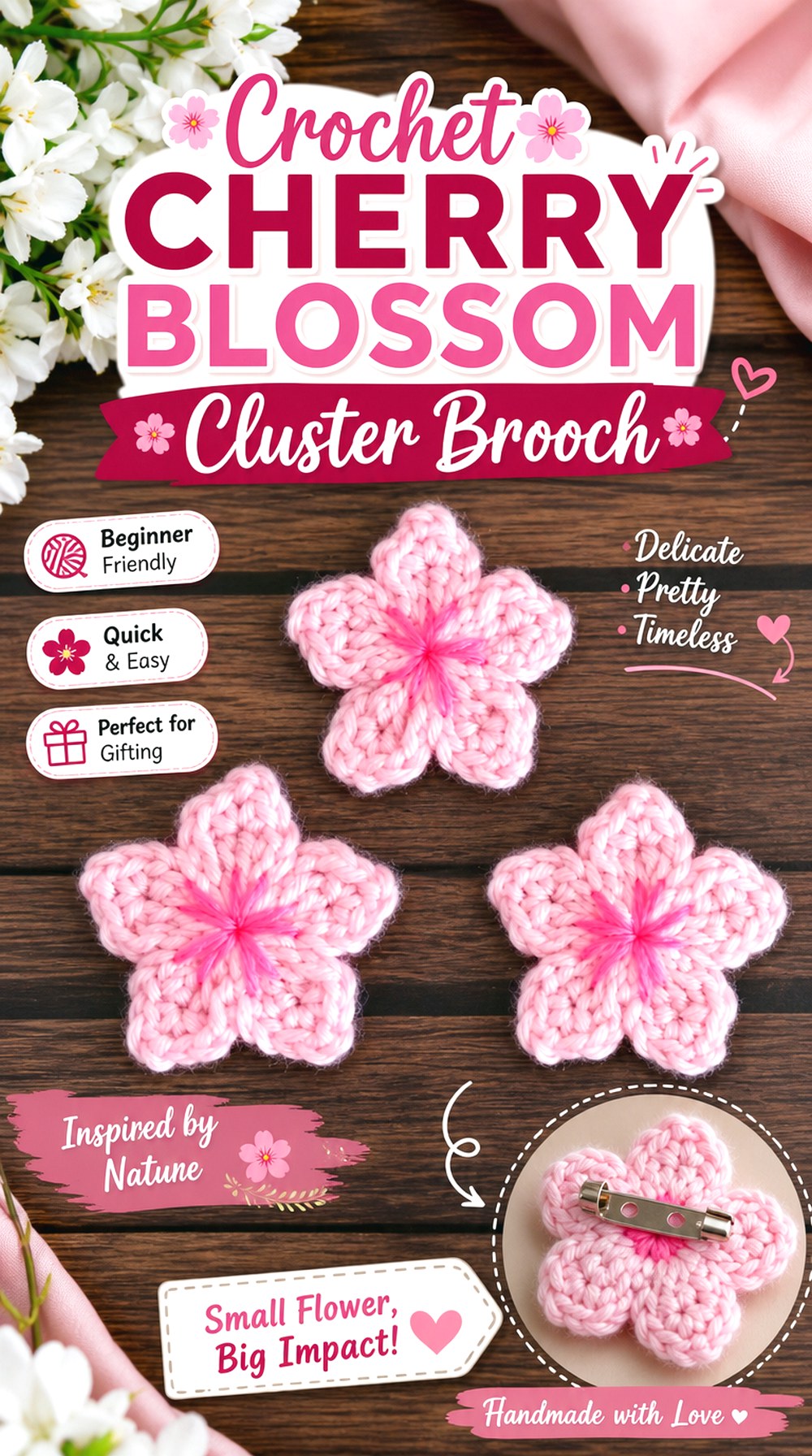 Crochet Cherry Blossom Cluster Brooch