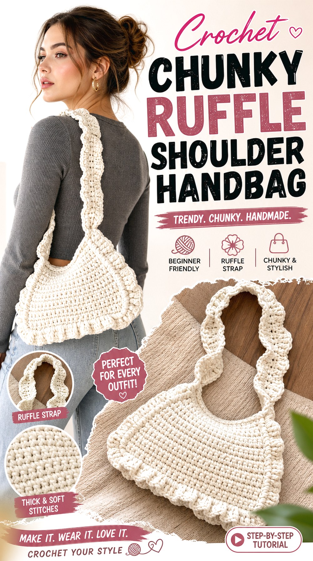 Crochet Chunky Ruffle Shoulder Handbag