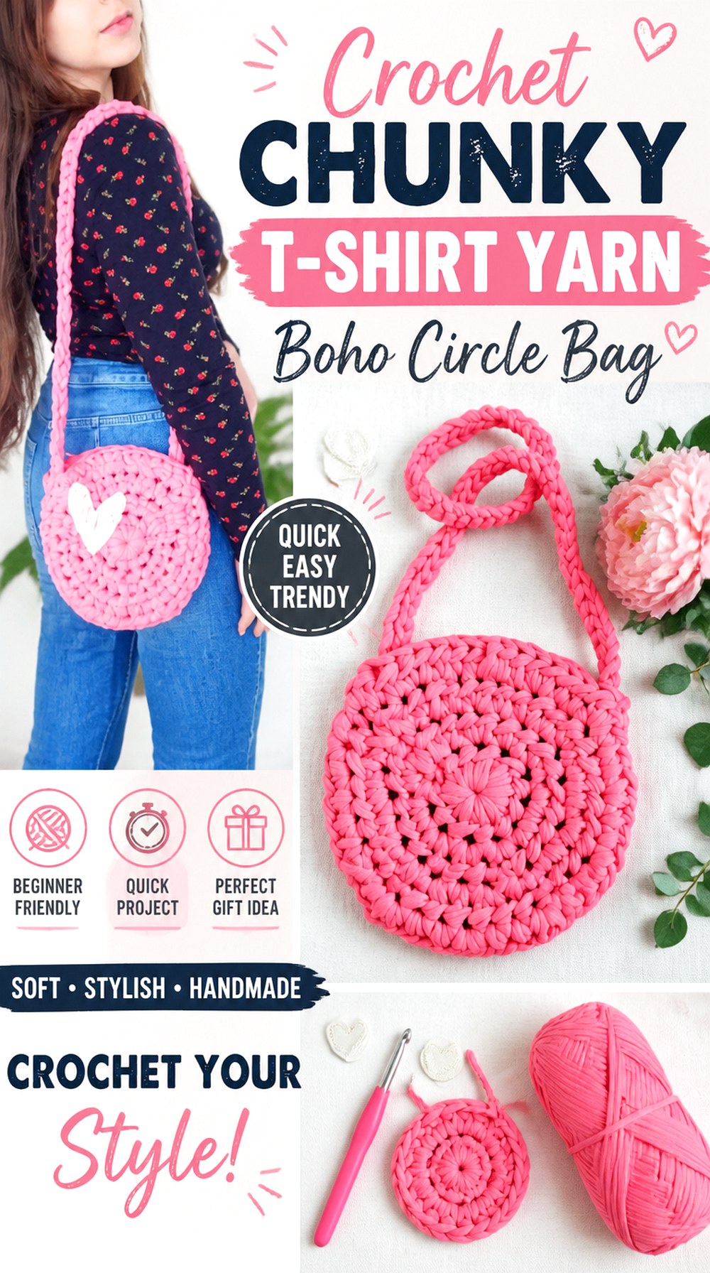 Crochet Chunky T Shirt Yarn Boho Circle Bag