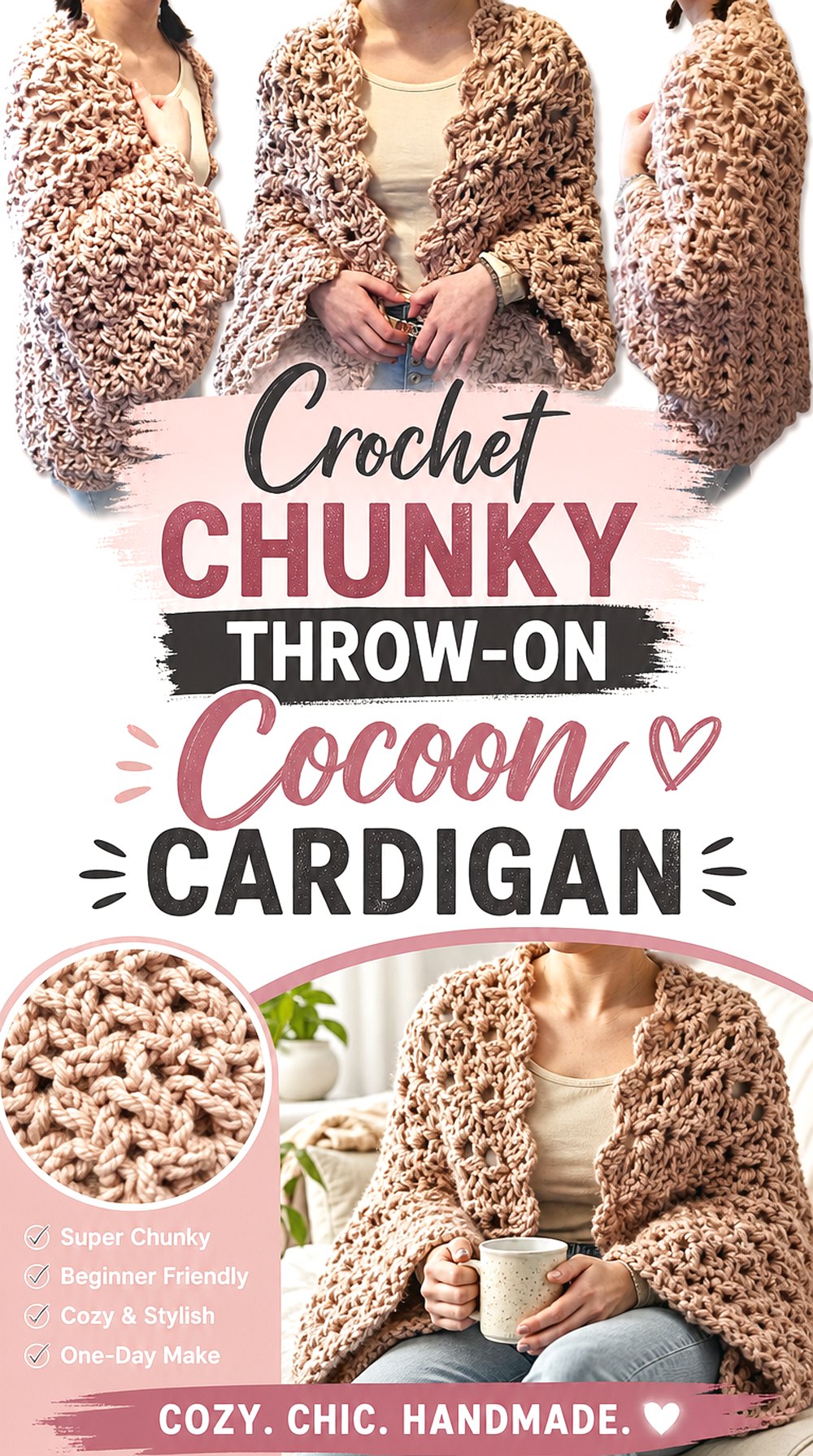 Crochet Chunky Throw On Cocoon Cardigan
