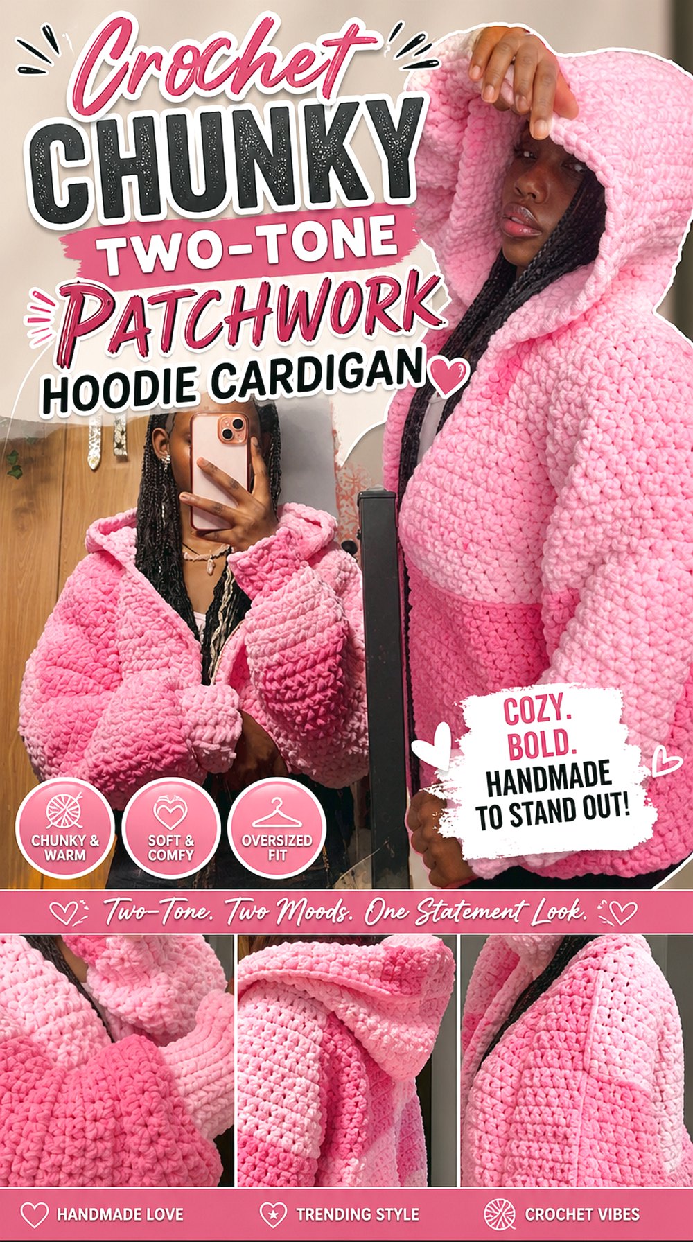 Crochet Chunky Two Tone Patchwork Hoodie Cardigan