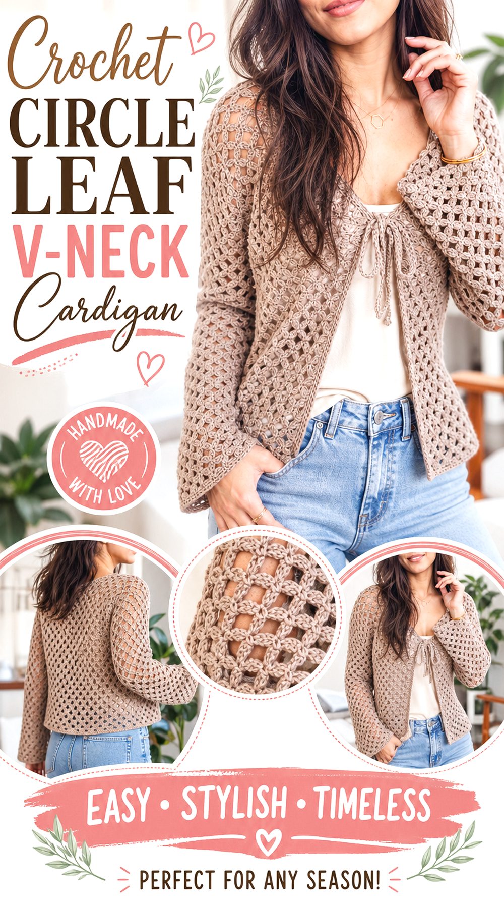 Crochet Circle Leaf V Neck Cardigan