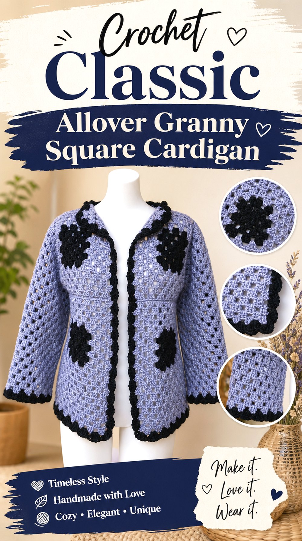 Crochet Classic Allover Granny Square Cardigan