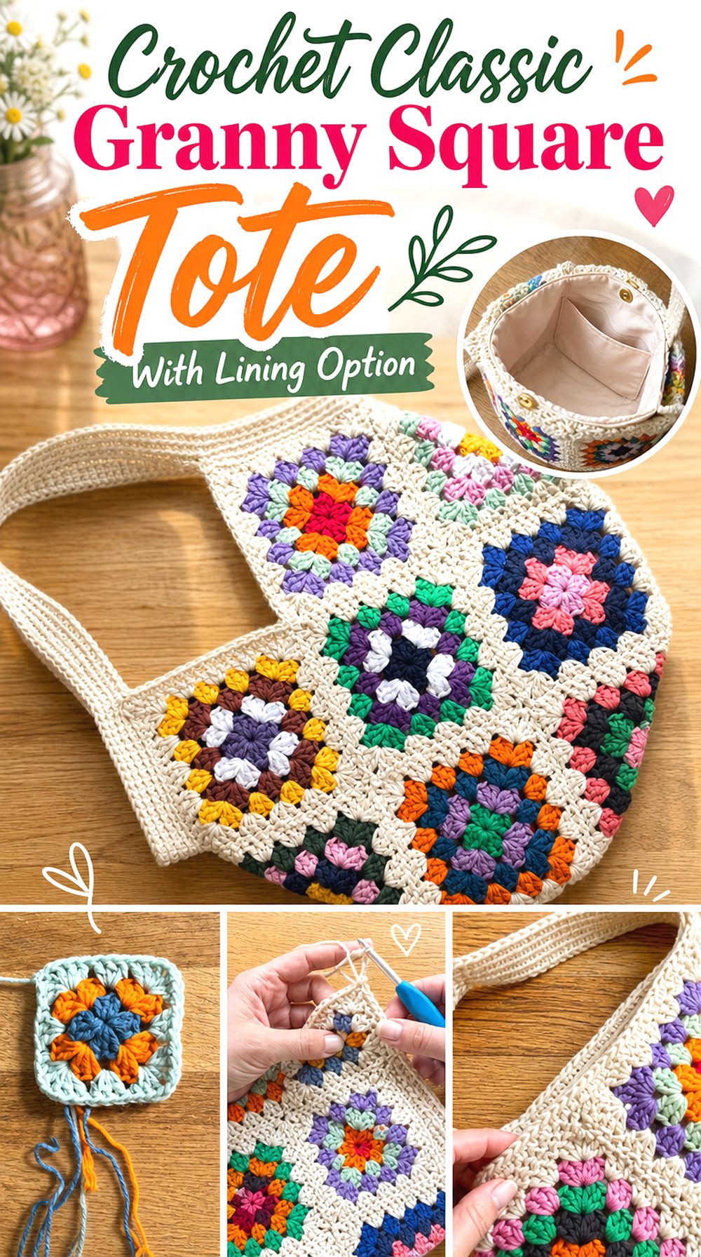 Crochet Classic Granny Square Tote With Lining Option