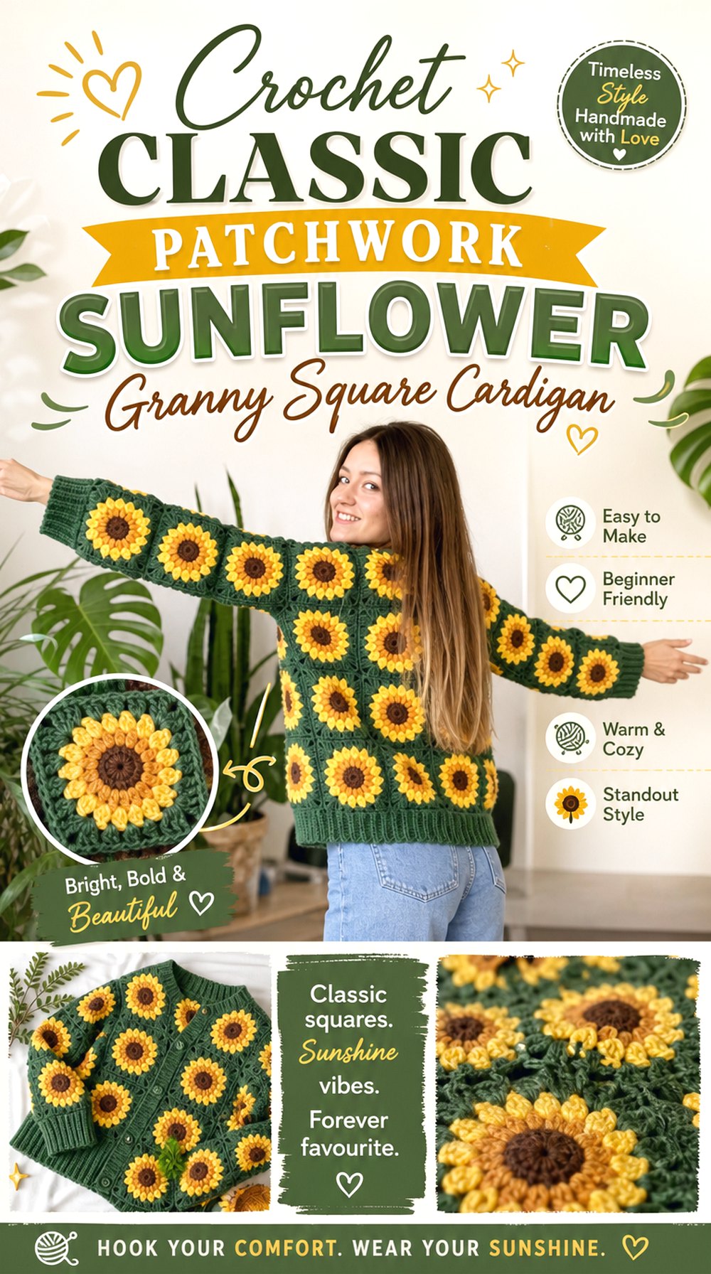 Crochet Classic Patchwork Sunflower Granny Square Cardigan