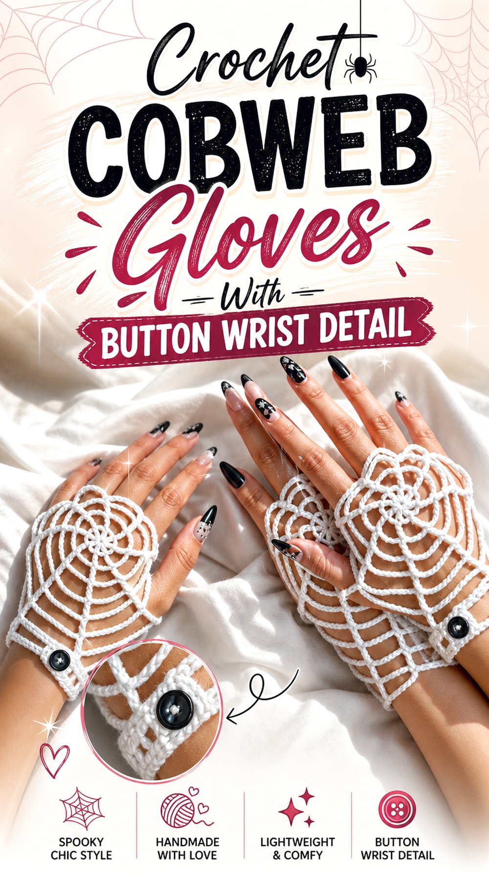 Crochet Cobweb Gloves With Button Wrist Detail