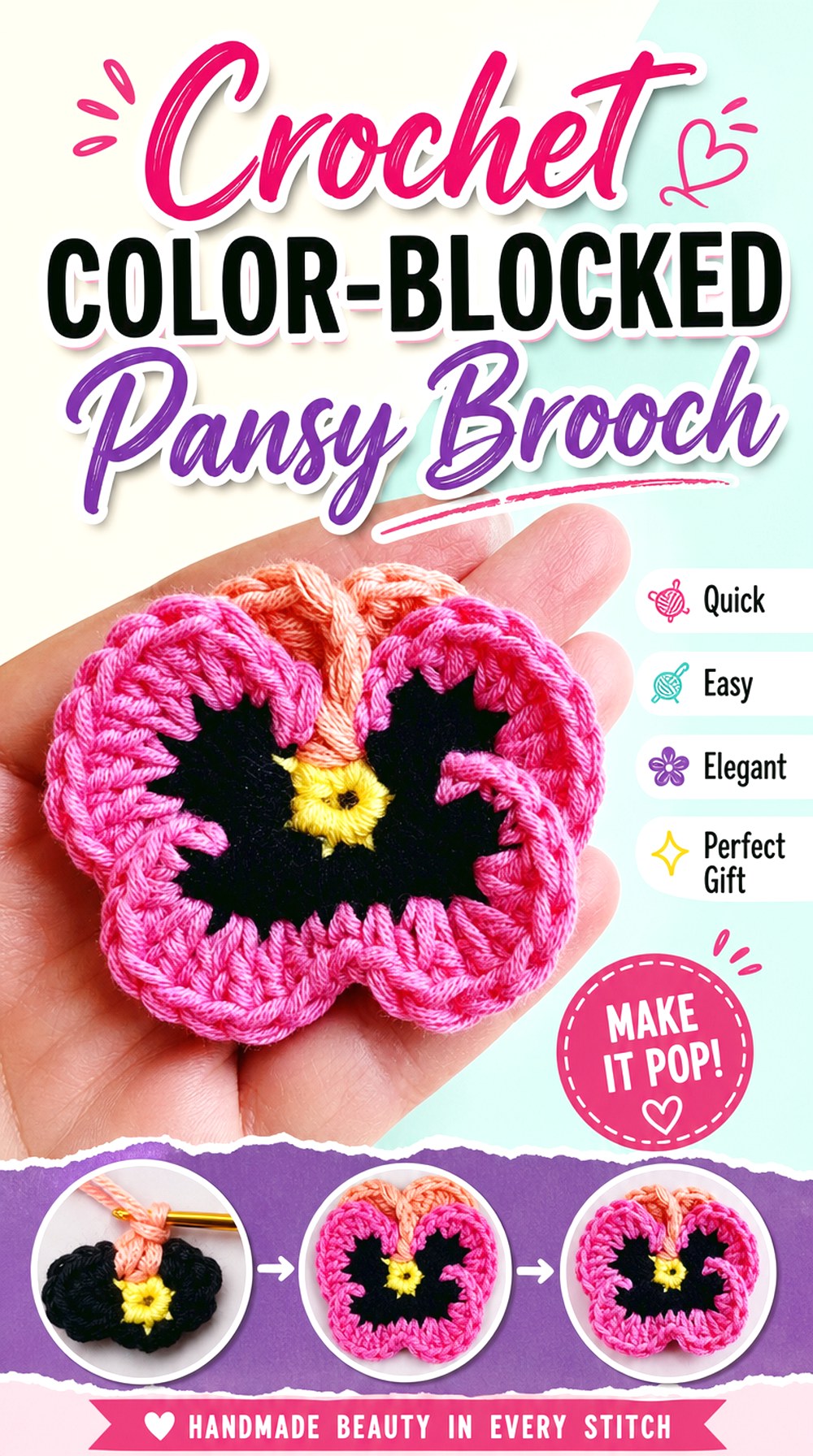 Crochet Color Blocked Pansy Brooch