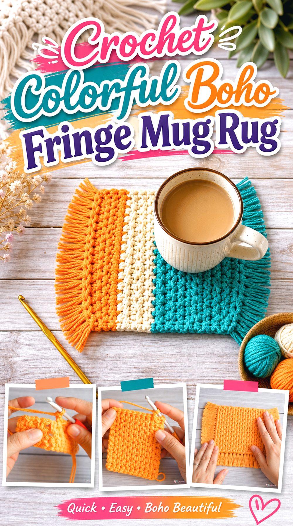 Crochet Colorful Boho Fringe Mug Rug