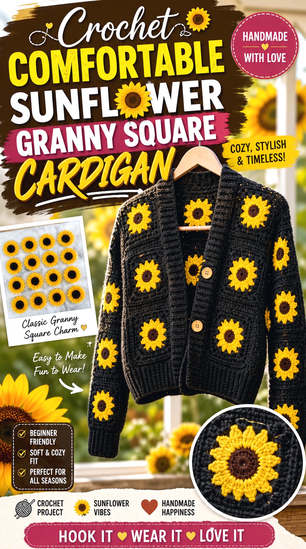 Crochet Comfortable Sunflower Granny Square Cardigan