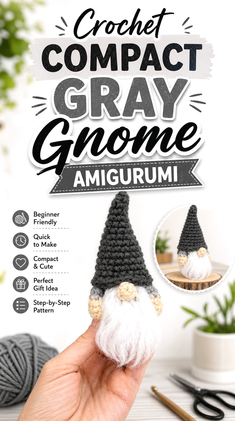 Crochet Compact Gray Gnome Amigurumi