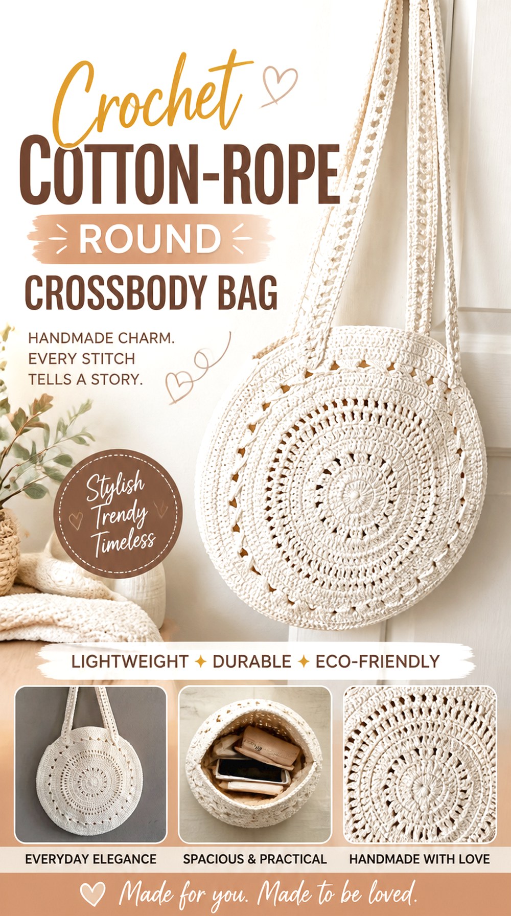Crochet Cotton Rope Round Crossbody Bag