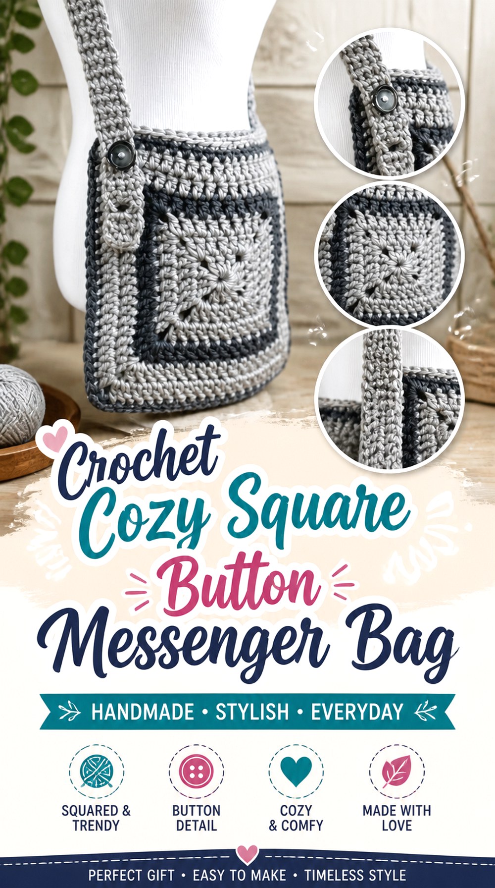 Crochet Cozy Square Button Messenger Bag