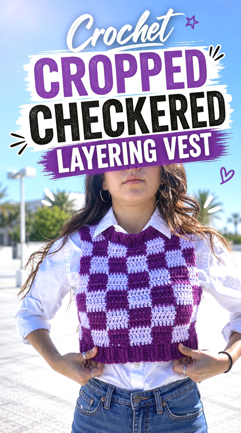 Crochet Cropped Checkered Layering Vest