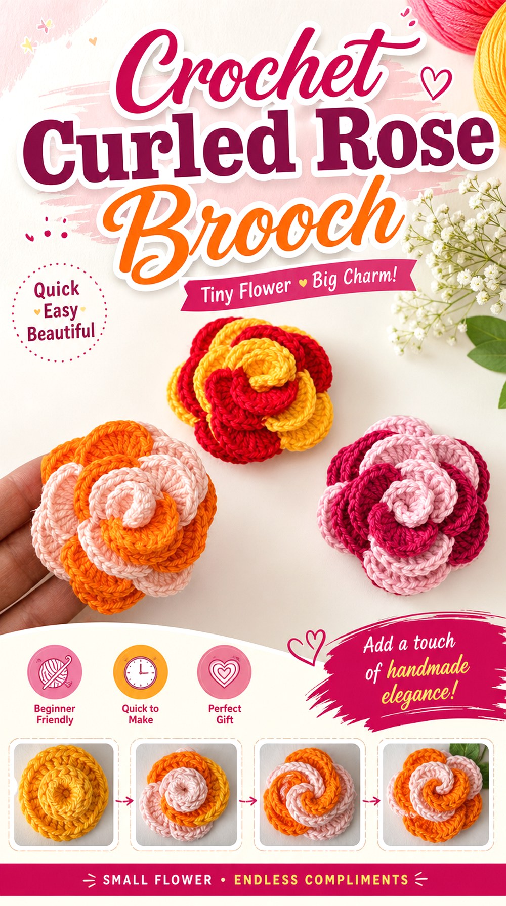 Crochet Curled Rose Brooch