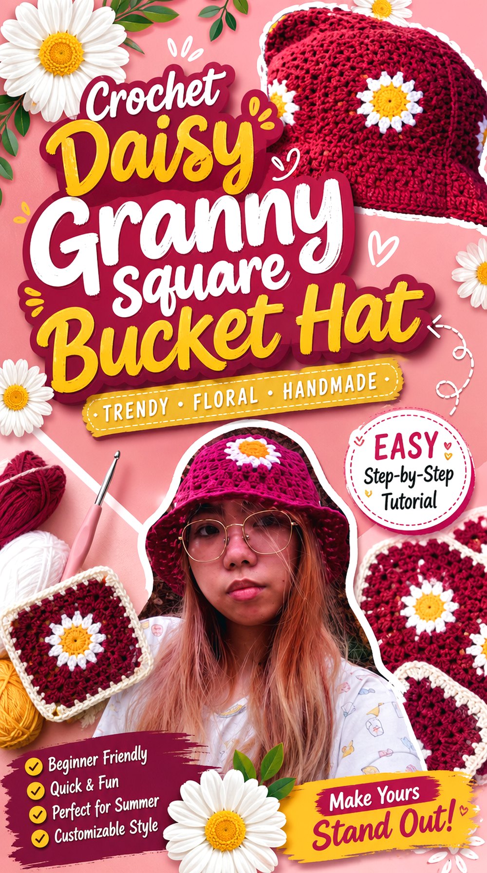 Crochet Daisy Granny Square Bucket Hat