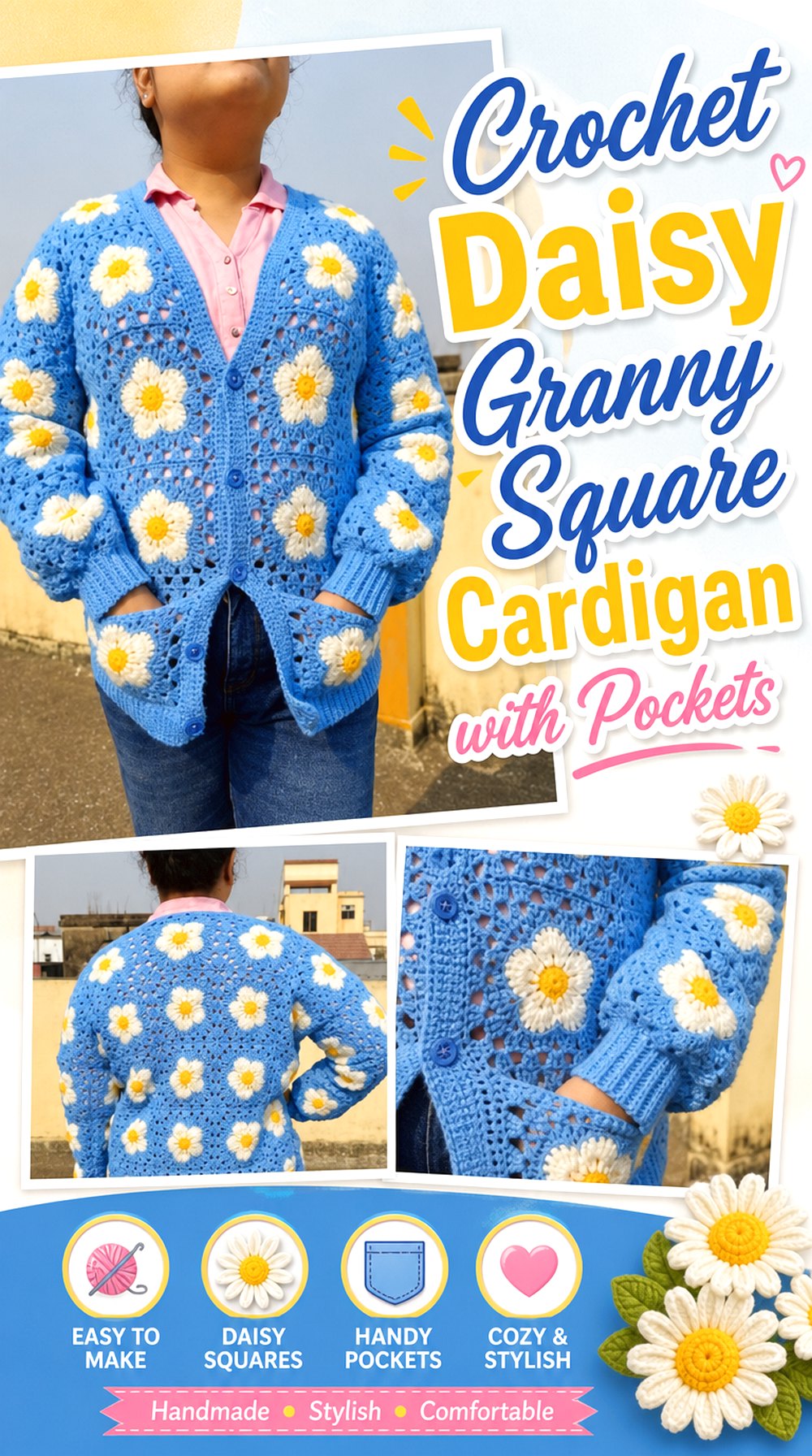 Crochet Daisy Granny Square Cardigan with Pockets