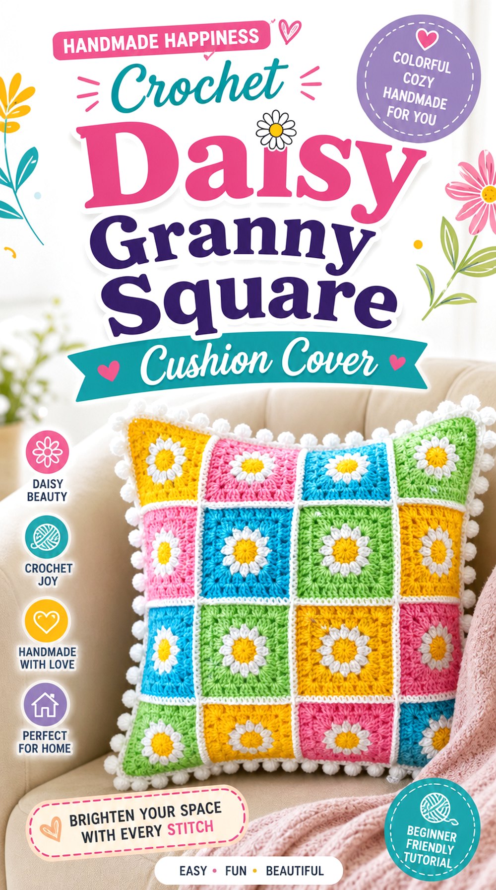Crochet Daisy Granny Square Cushion Cover