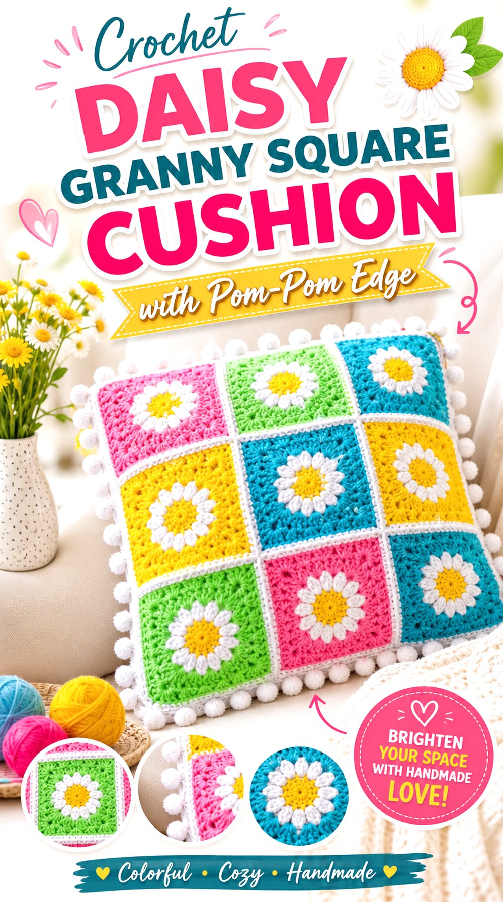 Crochet Daisy Granny Square Cushion with Pom Pom Edge