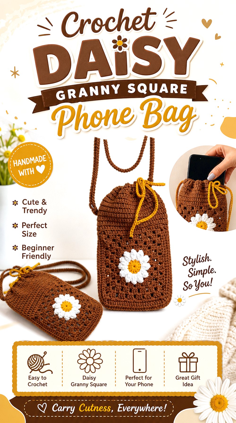 Crochet Daisy Granny Square Phone Bag