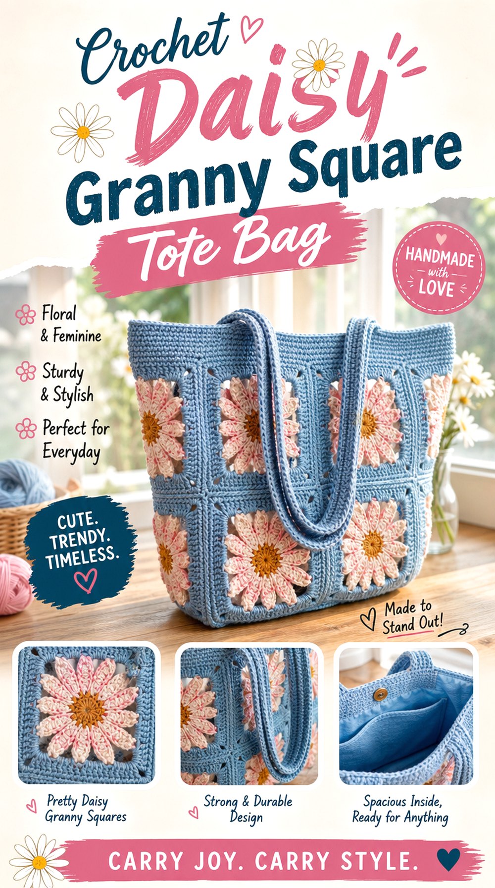 Crochet Daisy Granny Square Tote Bag