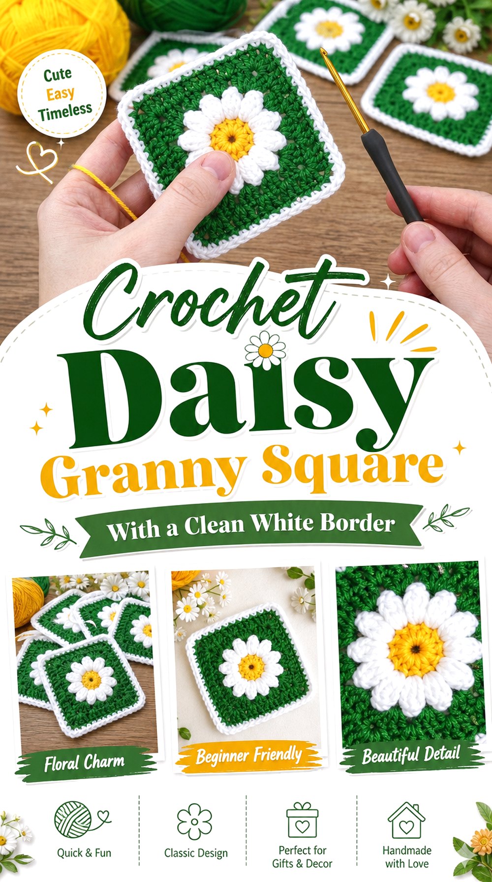 Crochet Daisy Granny Square With a Clean White Border