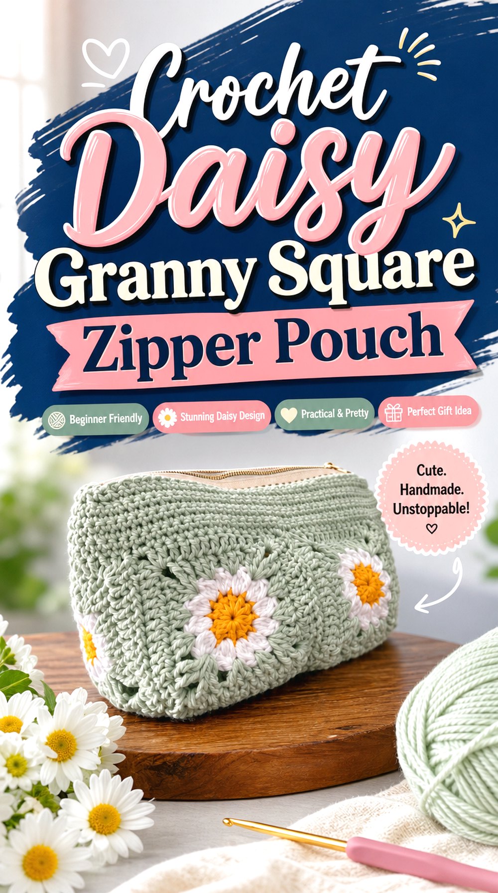 Crochet Daisy Granny Square Zipper Pouch