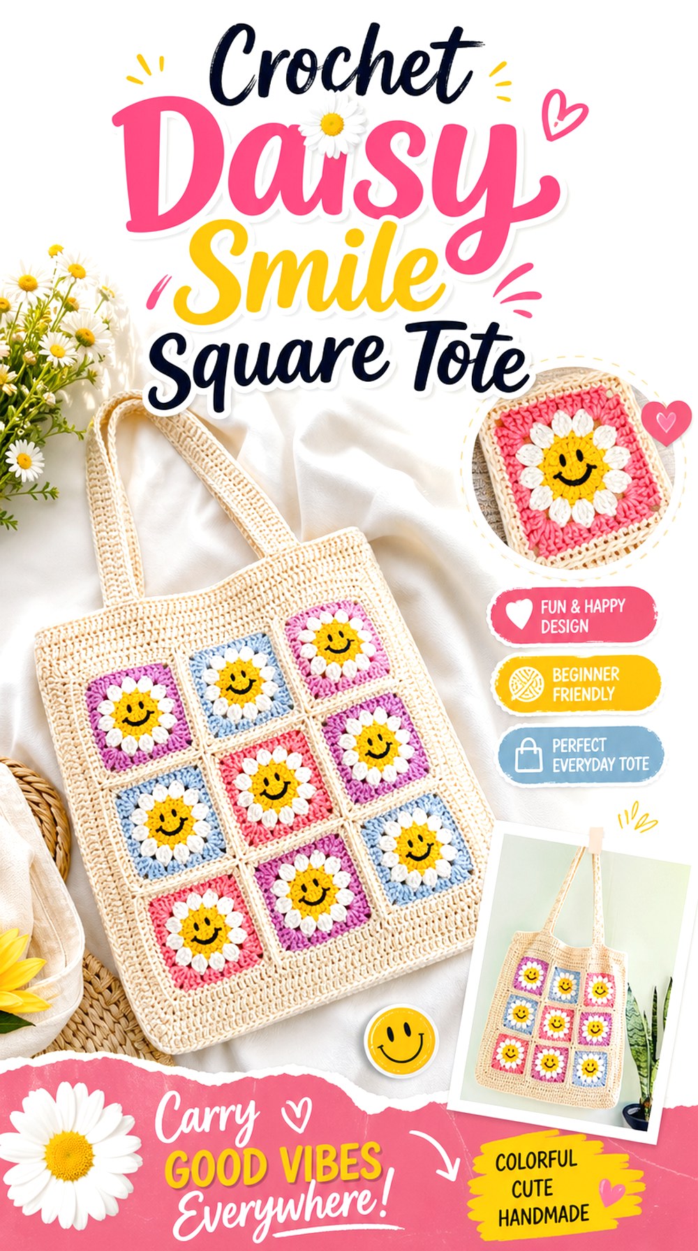 Crochet Daisy Smile Square Tote