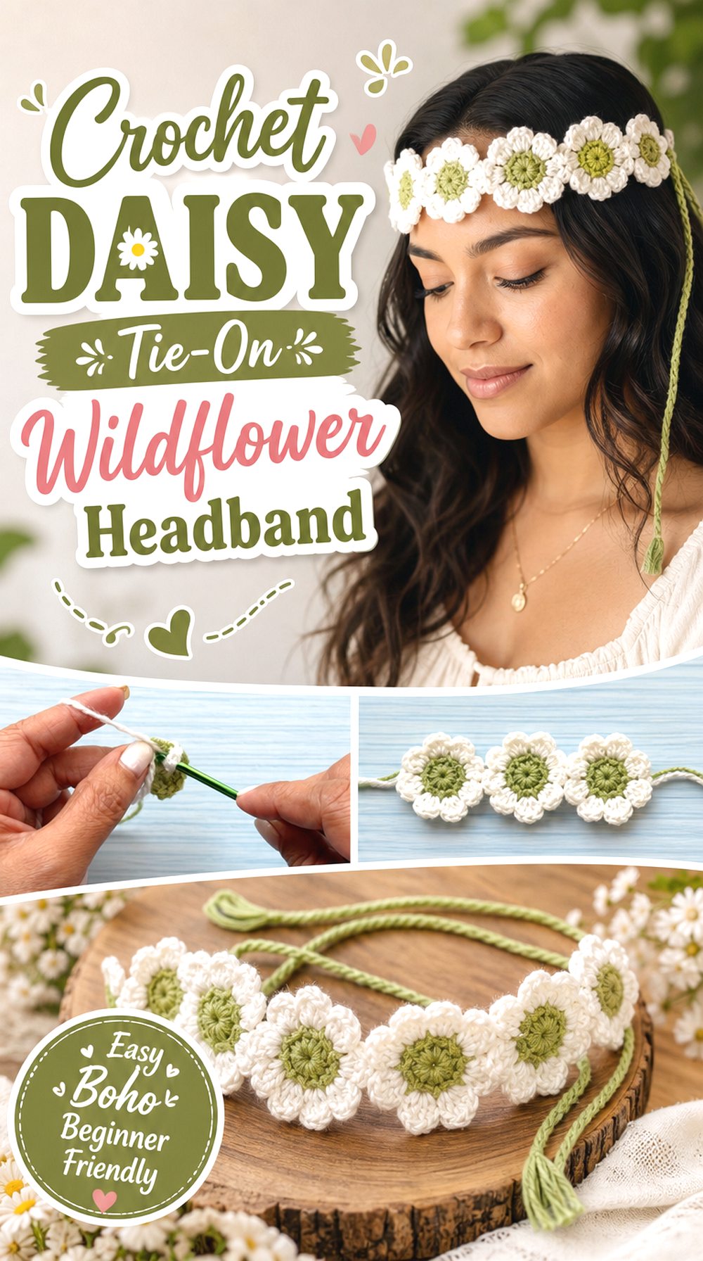 Crochet Daisy Tie On Wildflower Headband