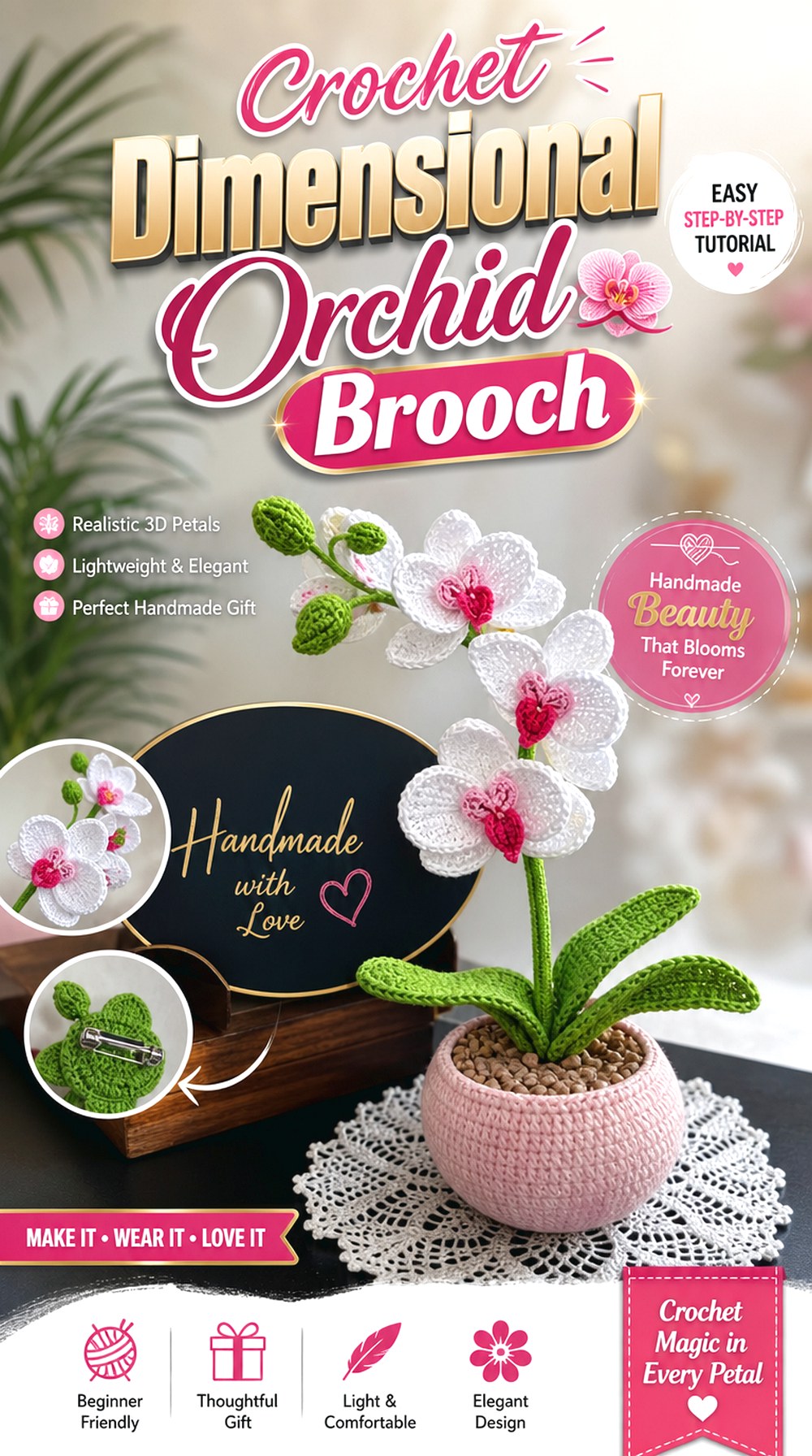Crochet Dimensional Orchid Brooch