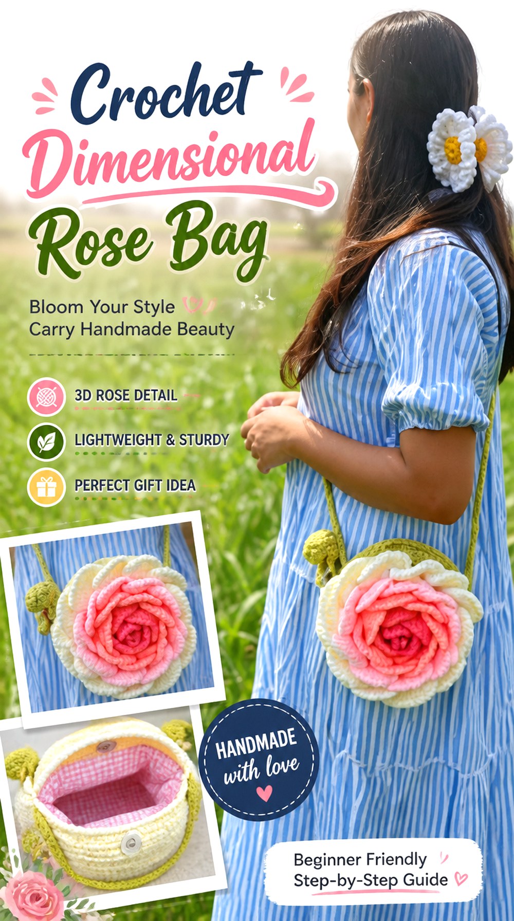 Crochet Dimensional Rose Bag