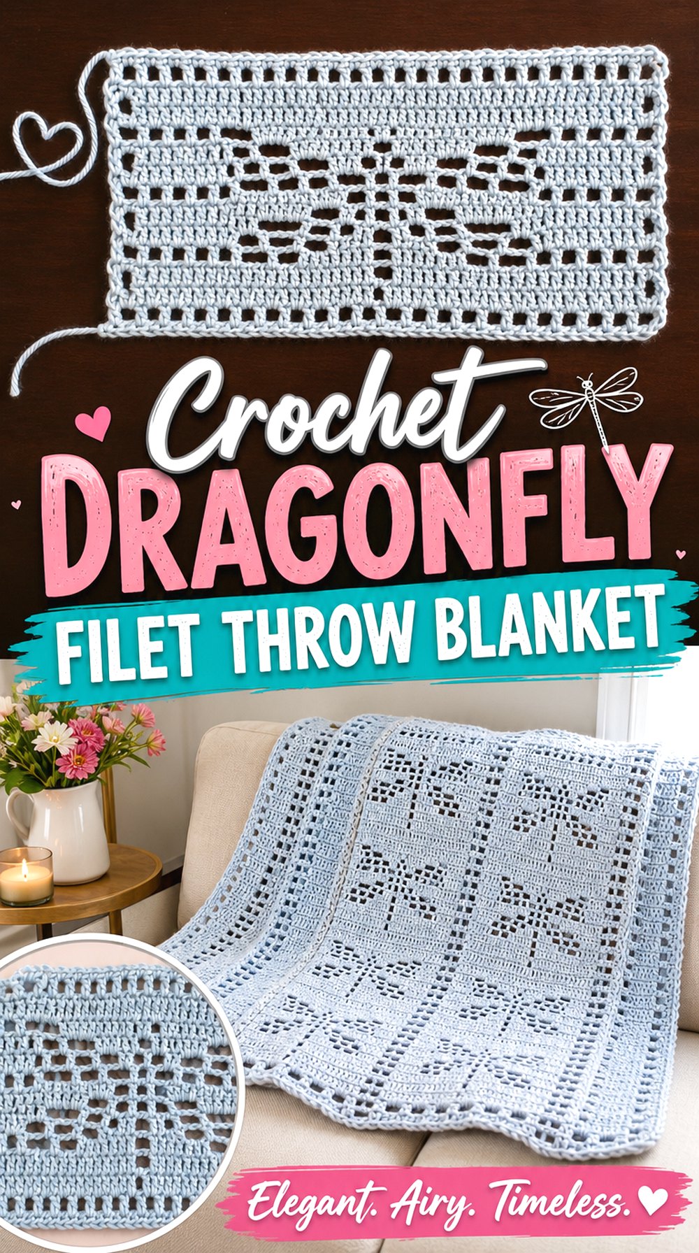 Crochet Dragonfly Filet Throw Blanket