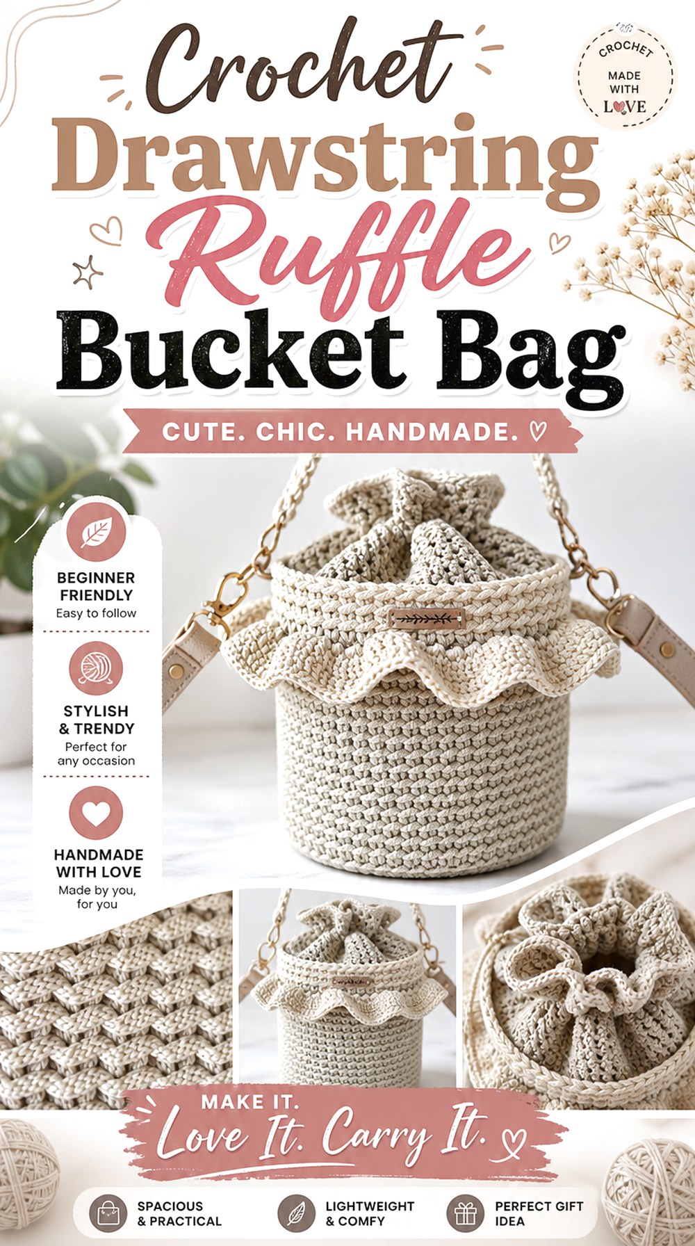 Crochet Drawstring Ruffle Bucket Bag