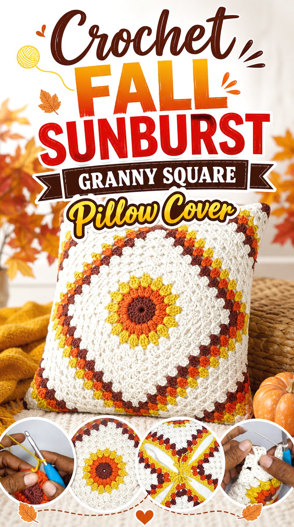 Crochet Fall Sunburst Granny Square Pillow Cover