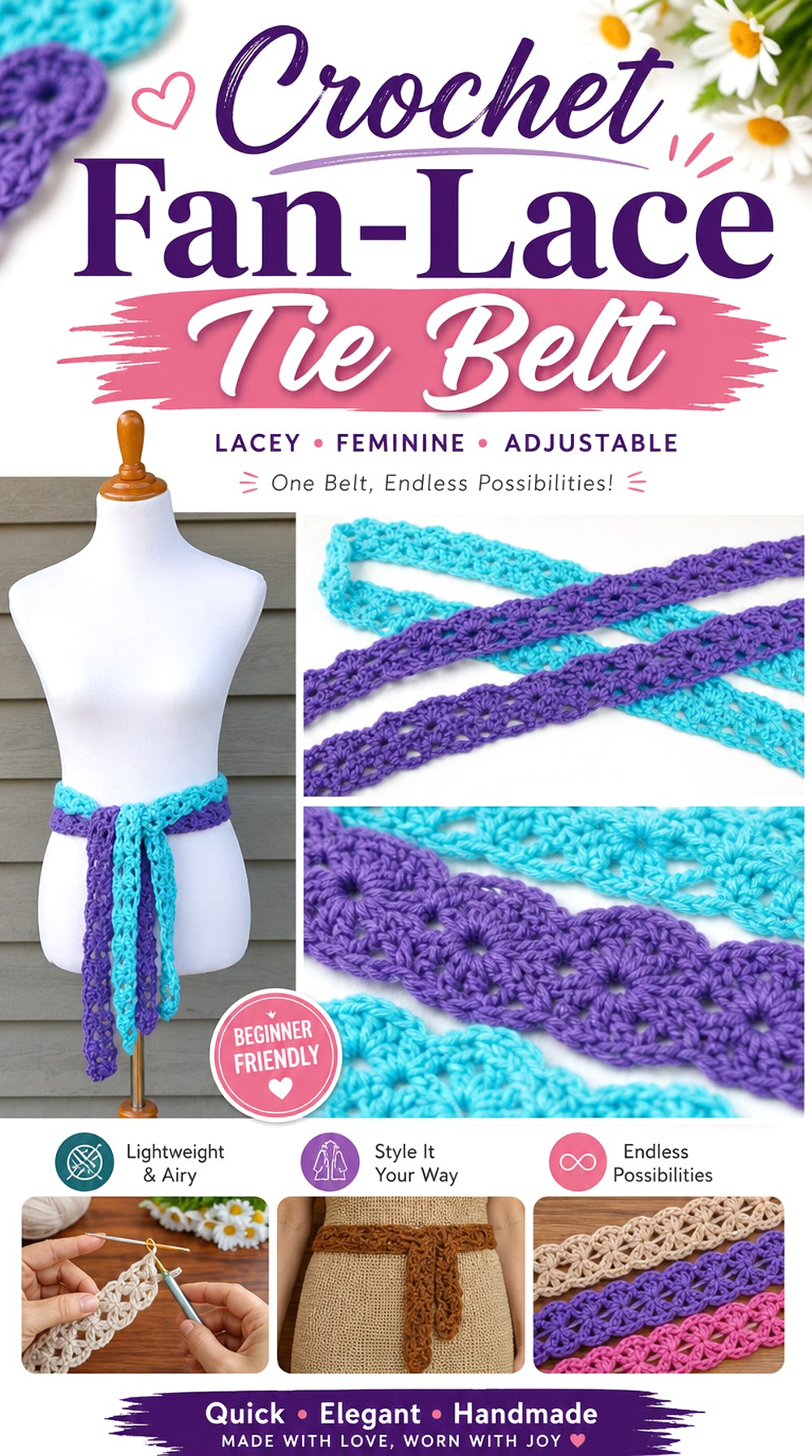 Crochet Fan Lace Tie Belt