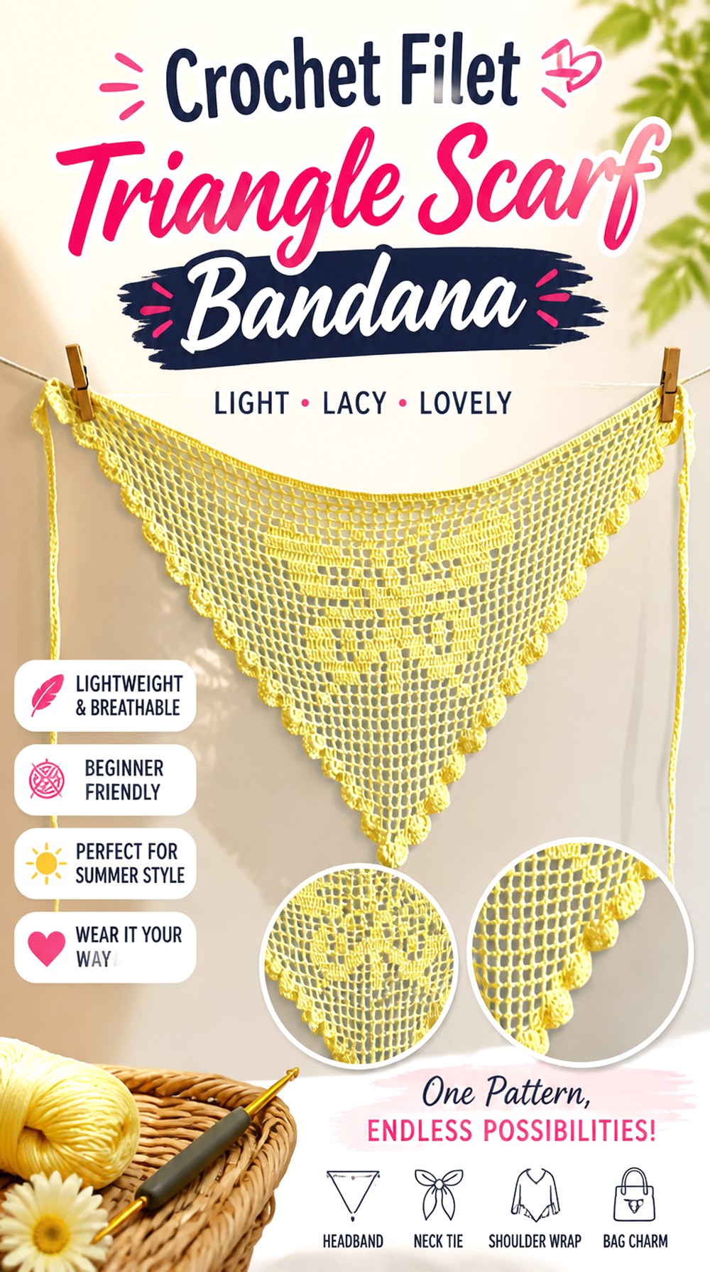 Crochet Filet Triangle Scarf Bandana