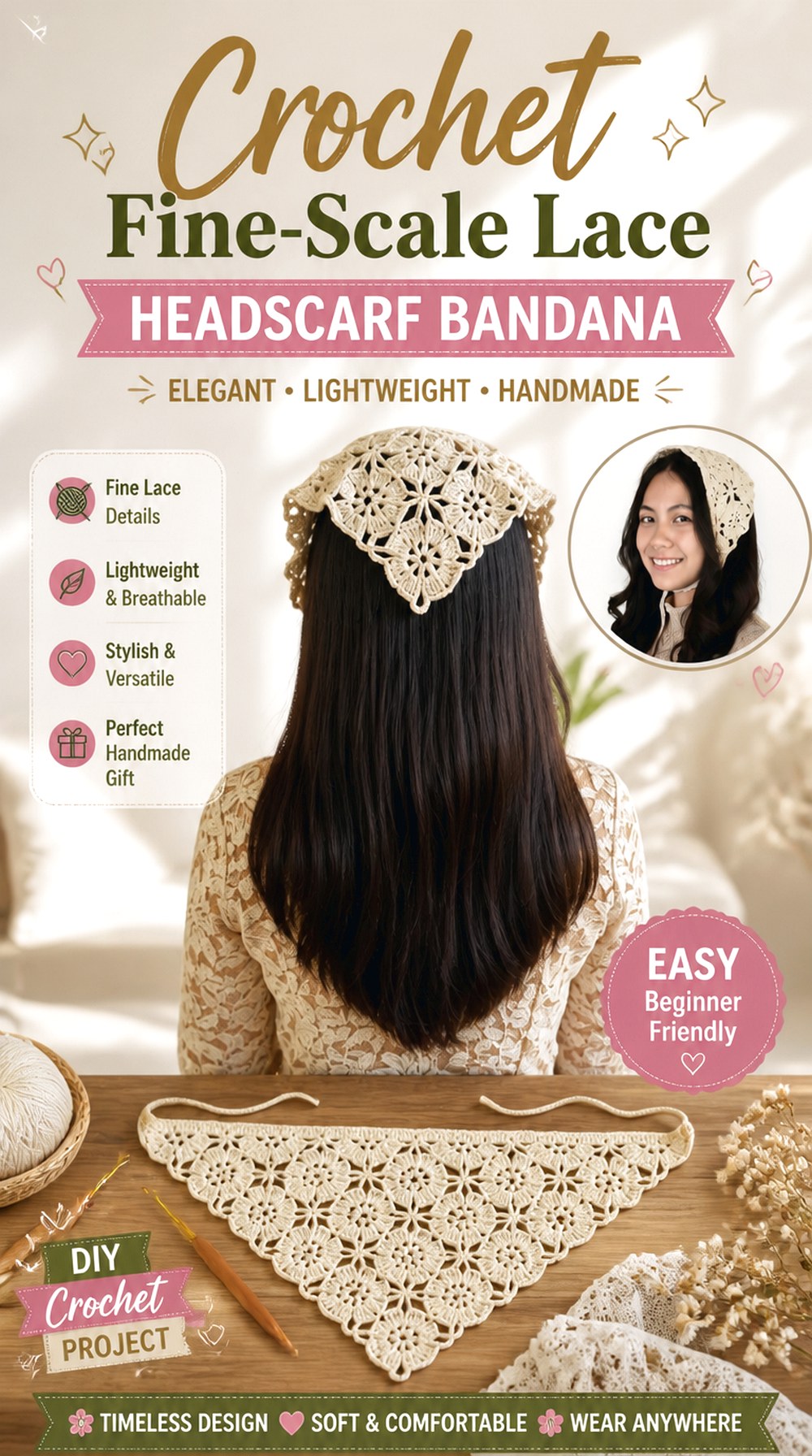 Crochet Fine Scale Lace Headscarf Bandana