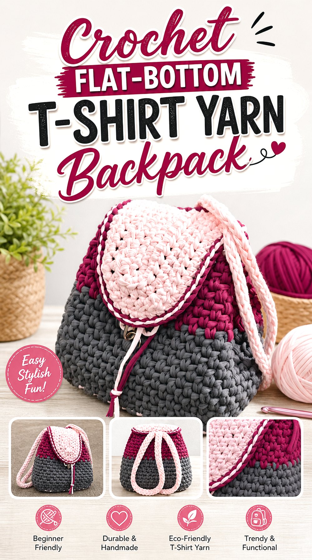 Crochet Flat Bottom T Shirt Yarn Backpack