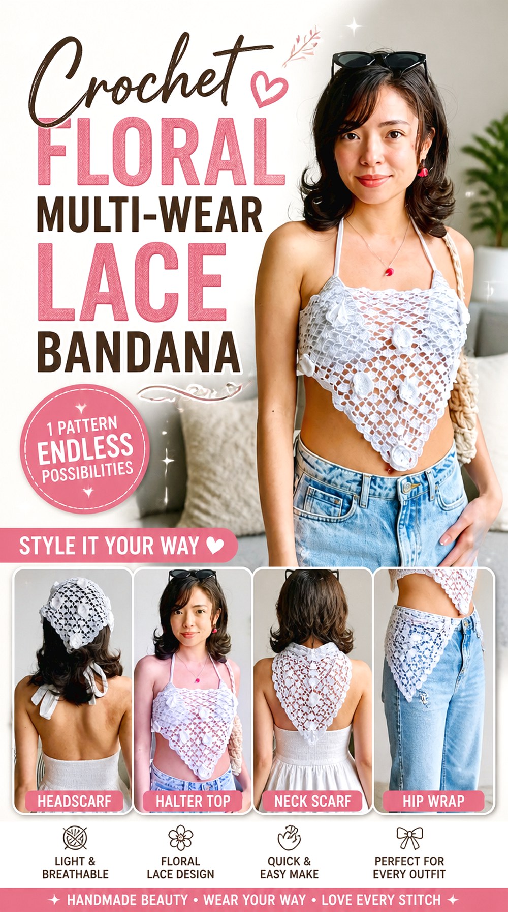 Crochet Floral Multi Wear Lace Bandana