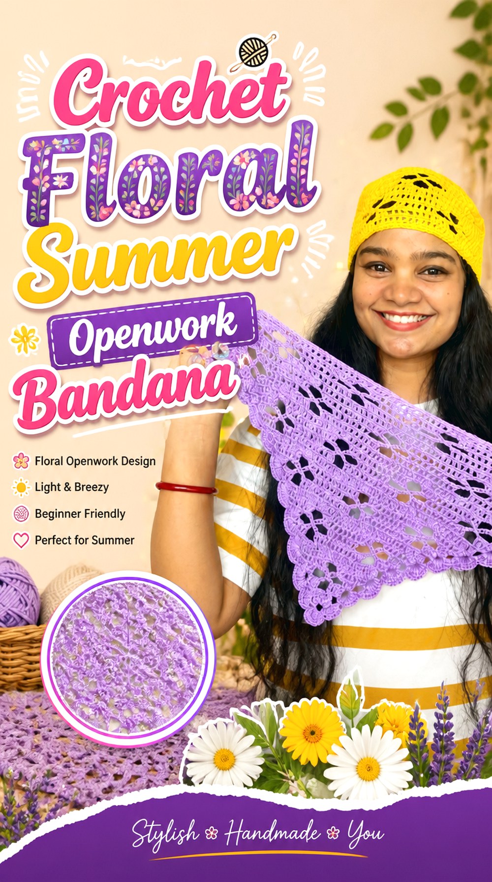 Crochet Floral Summer Openwork Bandana