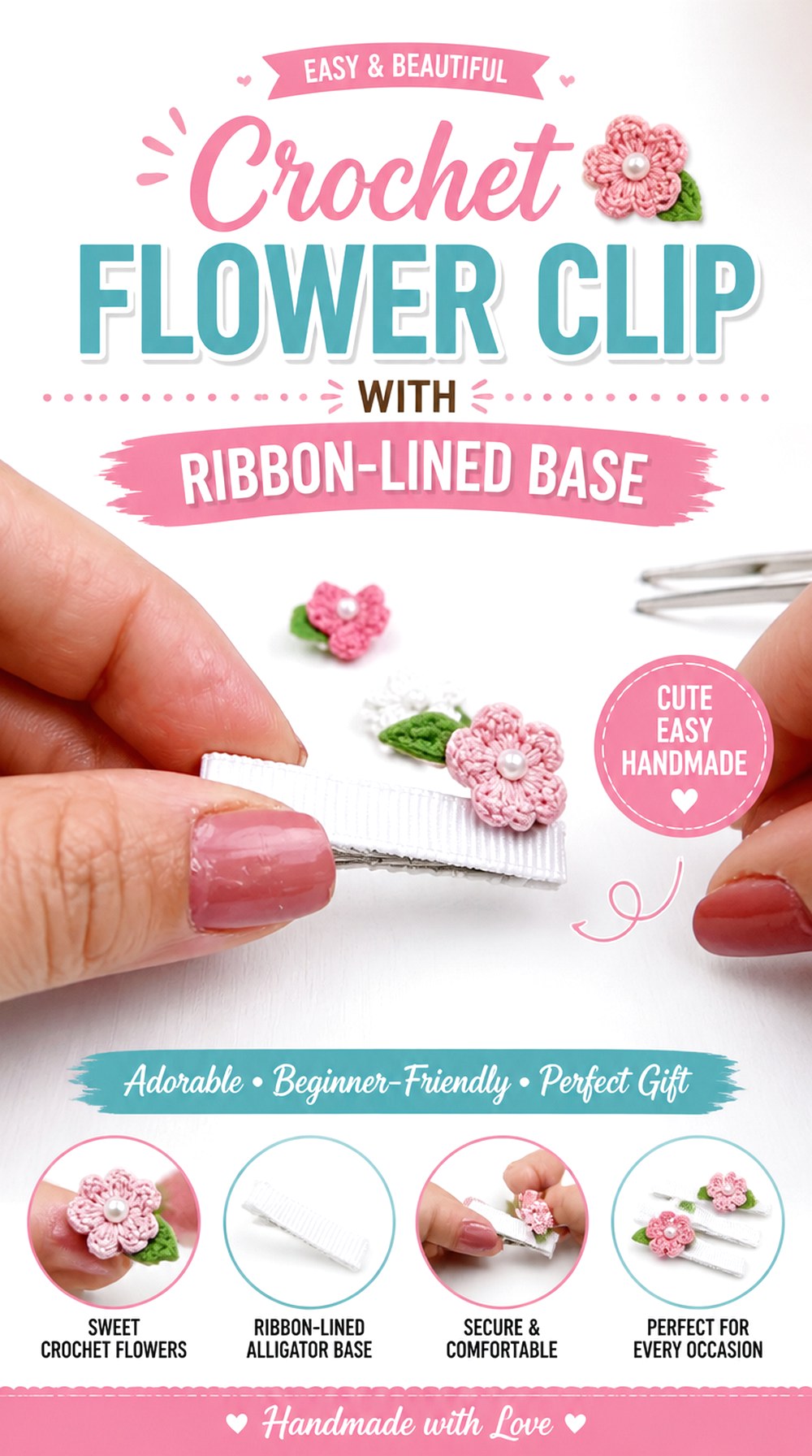 Crochet Flower Clip with Ribbon Lined Base